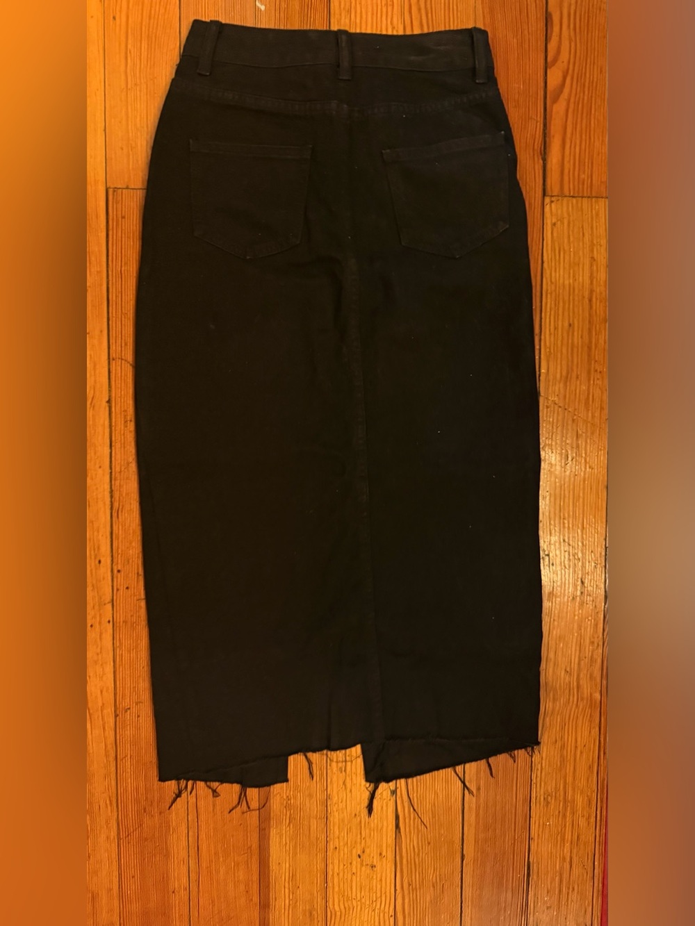 Black Demi Midi Pencil Skirt with Front Slit + Asymmetric Waist - Picture 3 of 9